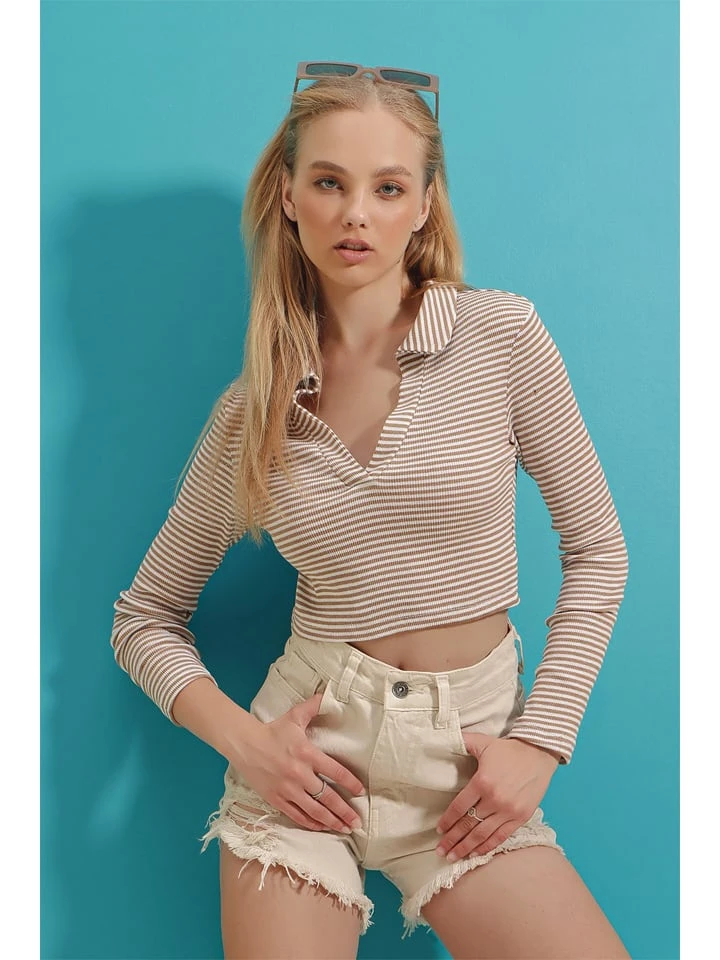 Longsleeve In Hellbraun/ Weiß - Image 2