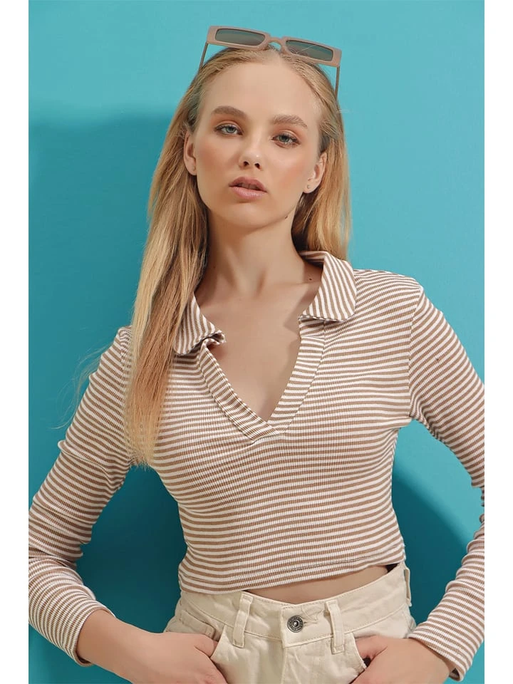 Longsleeve In Hellbraun/ Weiß - Image 3