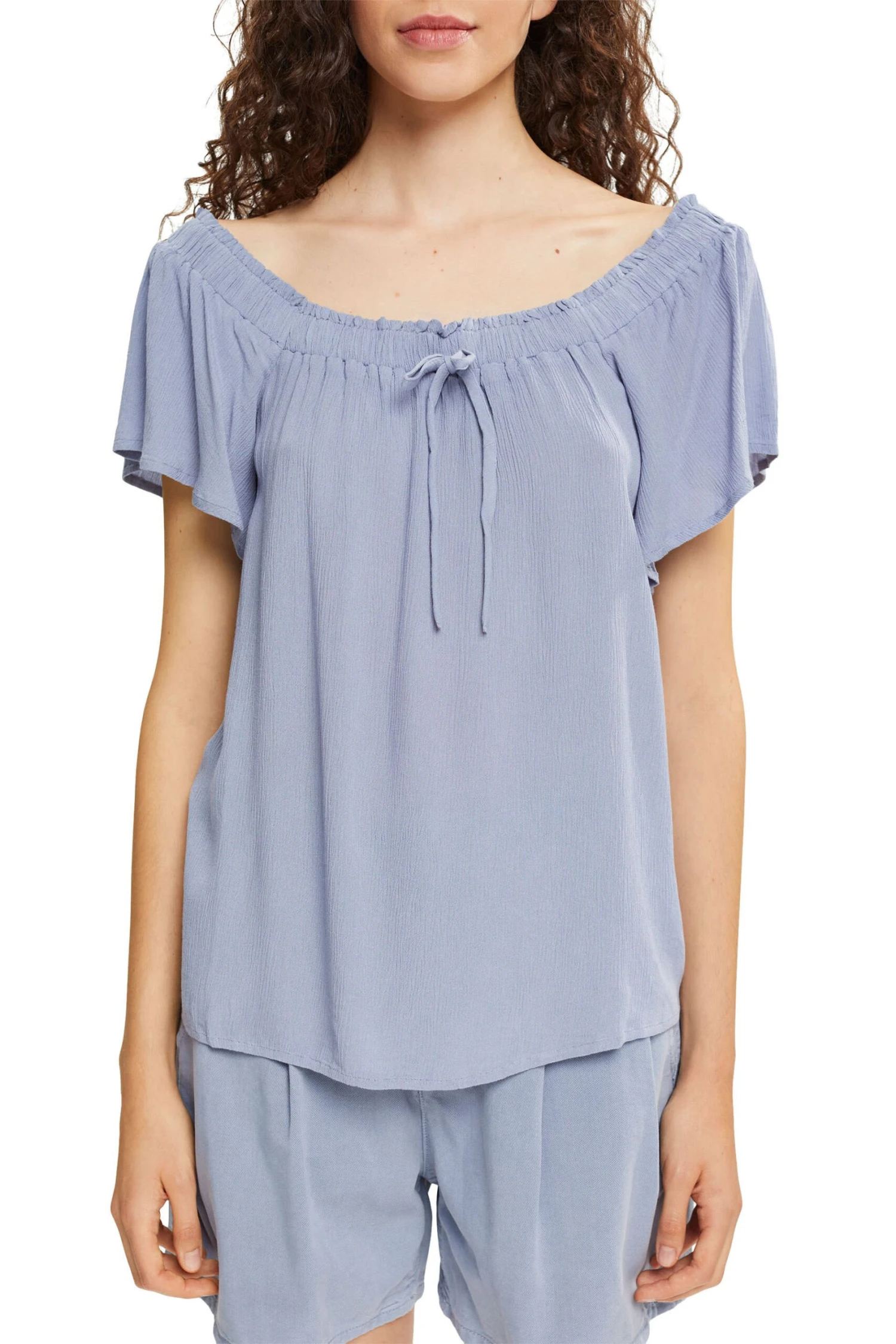ESPRIT Crinkle-Bluse Mit Carmen-Ausschnitt Light Blue Lavender - Image 2
