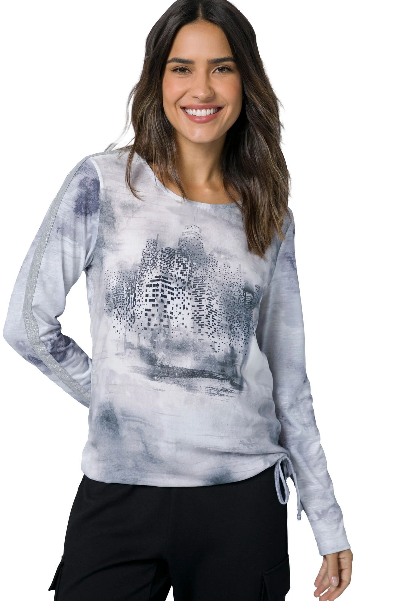 T-Shirt Rundhals Langarm Print Vorne In Blau