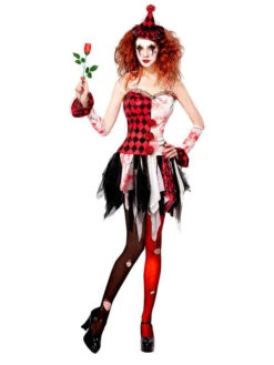 WIDMANN 3tlg. Kostüm "HORROR HARLEKIN MÄDCHEN" In Schwarz/ Weiß/ Rot